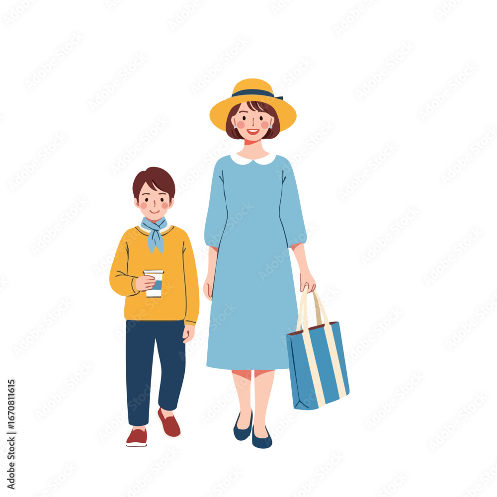 Mother and son walking together with casual clothing and accessories vector illustration Mother and son walking together with casual clothing and accessories vector illustration