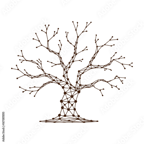 Vector art of stylized brown tree made of interconnected dots and lines, symbolizing network, connection, and data flow