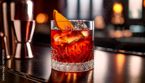 a sophisticated boulevardier cocktail stirred with bourbon sweet vermouth and campari over ice
