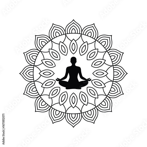 Vector art of silhouette of a person meditating in a lotus position within a decorative mandala pattern