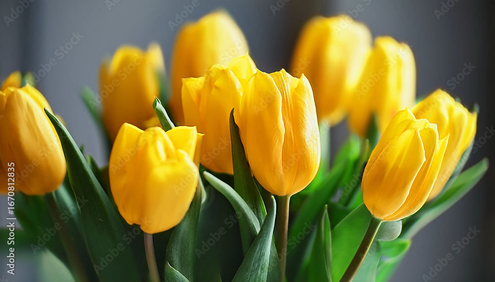 Naklejka premium minimalist spring yellow tulip bouquet close up photography shallow depth of field