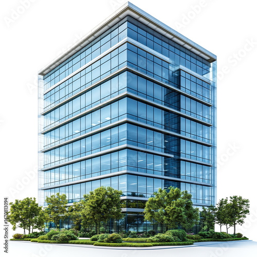 Tall modern office building isolated on a white transparent background