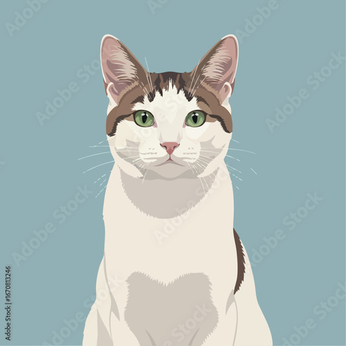 Domestic cat portrait with green eyes and brown white fur sitting against blue background vector illustration 