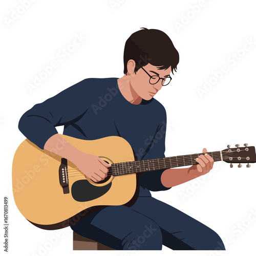 Young man playing acoustic guitar in casual clothes sitting and concentrating on music vector illustration 