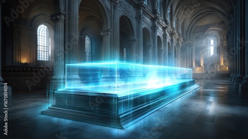 Futuristic Transparent Display in an Ancient Architectural Setting with Dramatic Lighting Effect
