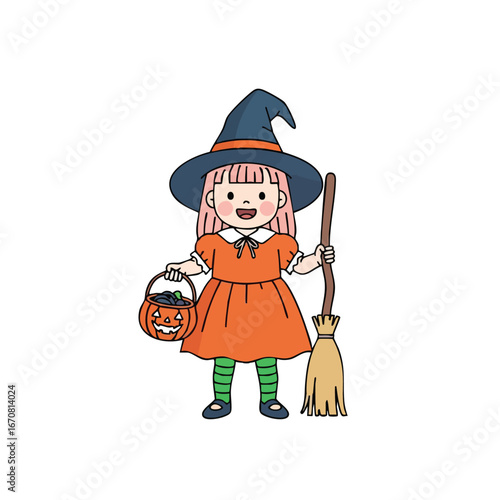 Girl dressed in Halloween witch costume holding broom and pumpkin bucket for trick or treat fun