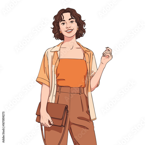 Young woman in casual outfit holding clutch bag with confident smile vector illustration