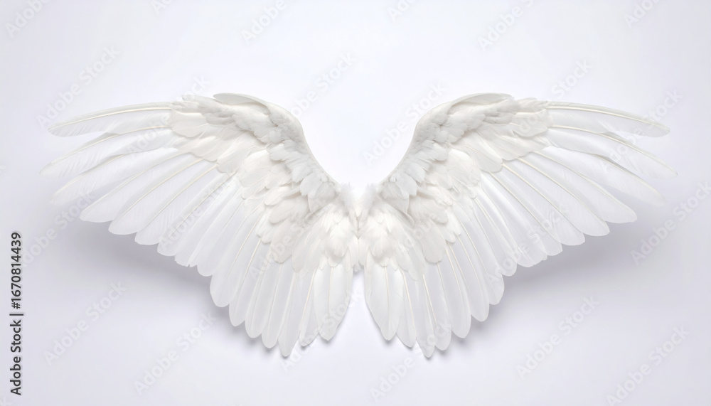Fototapeta premium White angel wing isolated on transparent background for design, realistic feather texture, 