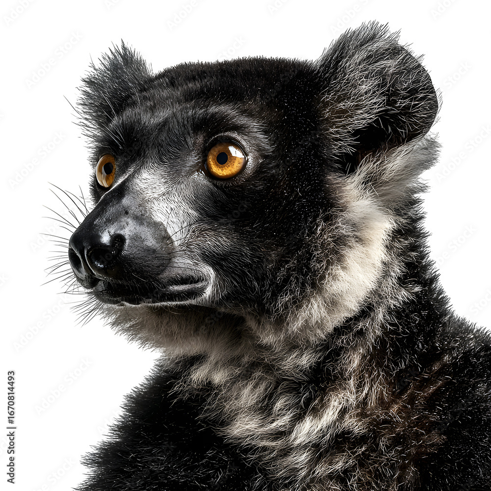 Obraz premium Intriguing portrait of a black lemur with striking amber eyes, looking intently into the distance.