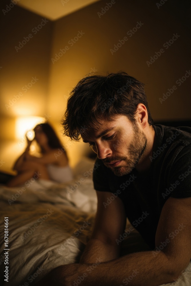 Obraz premium Pensive man on bed showing male potency challenges, intimate difficulties, relationship troubles with female partner in dimly lit bedroom scene.