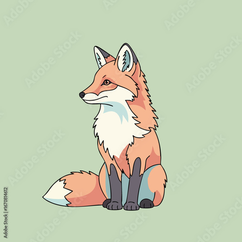Red fox sitting calmly with bushy tail on green background vector illustration 