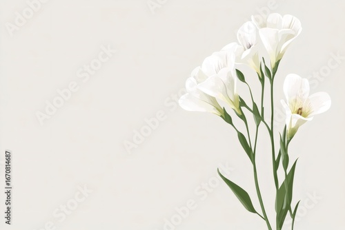 Elegant minimalist design featuring white freesia flowers on a light gray background, offering a sense of purity and simplicity
