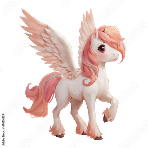 Enchanting winged horse with soft pink mane and tail, a magical creature of dreams.