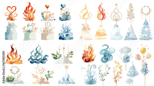 Abstract watercolor illustration of fire and water elements with symbolic shapes. Perfect for fantasy, spirituality, balance, and artistic design concepts.
