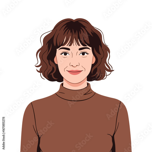 Young woman with curly brown hair wearing brown turtleneck smiling portrait vector illustration 