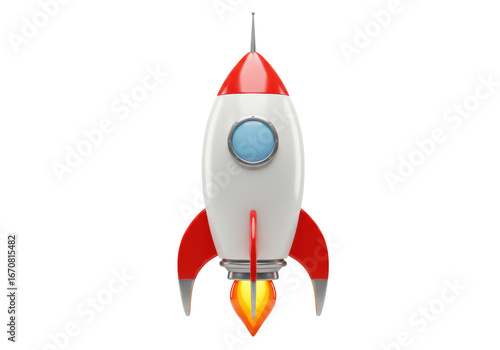 Isolated Cartoon rocket ship with fire, red accents, gray fins, blue window, success launch