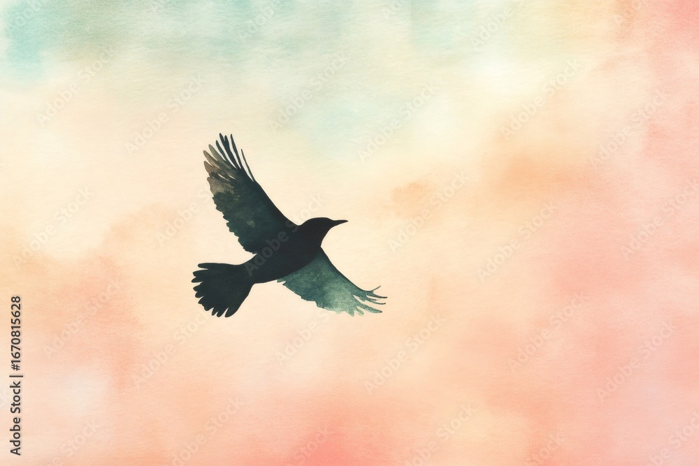Obraz premium Minimalist watercolor painting of a bird flying in a colorful sky with soft orange, yellow and green hues