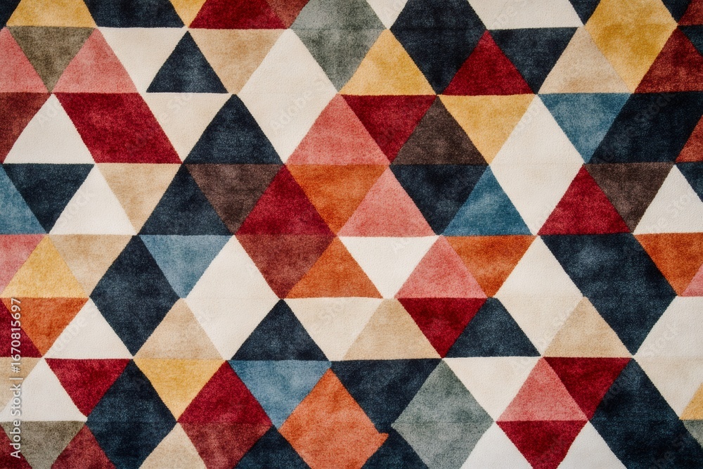 Fototapeta premium Close up view of a vibrant carpet showcasing a seamless pattern of equilateral triangles in various colors, forming a visually appealing geometric design