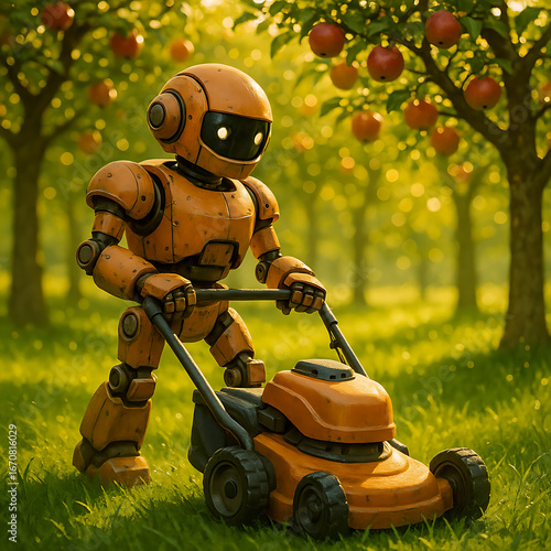 Robot Mowing Grass in Apple Orchard