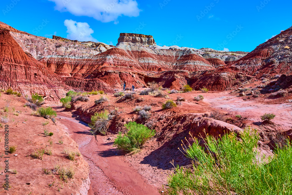 Fototapeta premium Painted Desert Badlands and Mesa with Stream Bed and Hikers Arizona Daytime