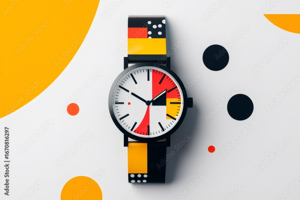 Obraz premium Stylish wristwatch with bauhaus design and geometric shapes on background representing modern art and minimalist style