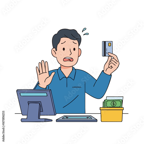 Man refusing to pay with credit card at cashier counter with cash and computer screen in background 