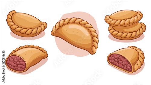 golden brown curry puff with flaky crust vector illustration on white background