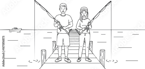 Two people fishing on wooden pier holding fishing rods vector illustration in simple line art style