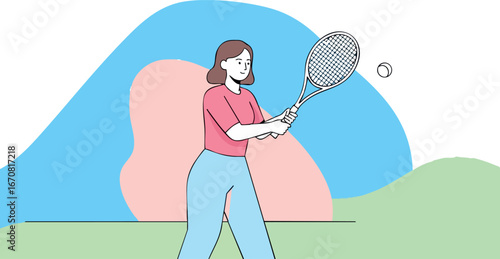 Woman playing tennis outdoors hitting ball with racket in casual clothes active lifestyle vector illustration