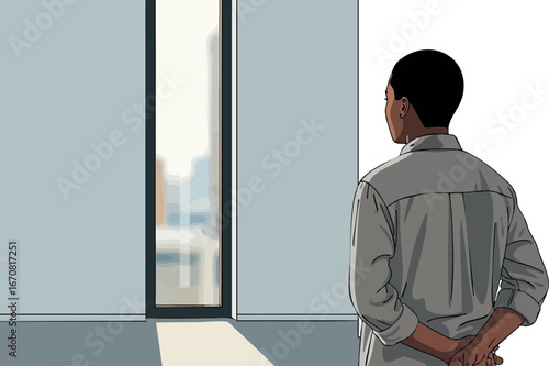 Man standing inside room looking out window contemplative mood vector illustration