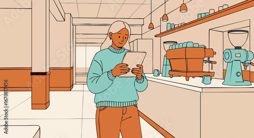 Young woman drinking coffee in modern cafe vector illustration with warm tones and casual style
