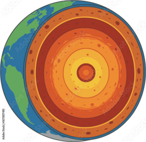 Colorful Illustration of Earth's Layers Showing Crust, Mantle, Outer Core, and Inner Core in a Cross-Sectional View
