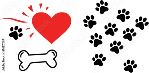 Vector design loves dogs. Heart, bone and floating dog feet for pet supplies stores.
