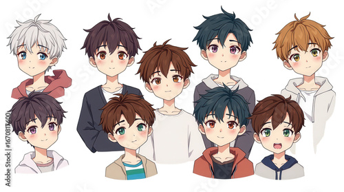 A collection of animated boy portraits featuring different hair colors and styles each displaying unique facial expressions in a vibrant and playful art format