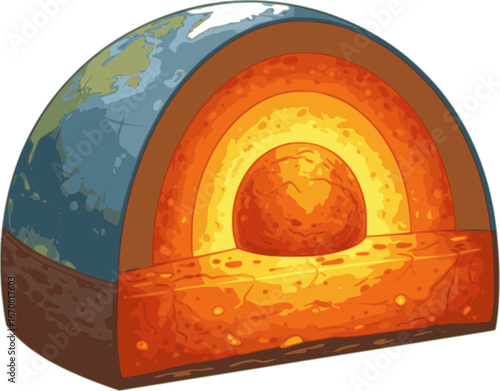 Colorful Illustration of Earth's Layers Showing Crust, Mantle, Outer Core, and Inner Core in a Cross-Sectional View
