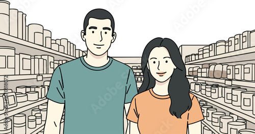 Young man and woman shopping together in grocery store aisle with shelves full of products vector illustration