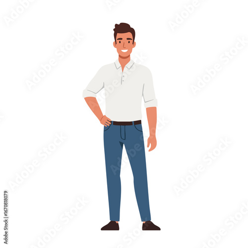 Young man standing casually with hand on hip wearing white shirt and blue jeans vector illustration 