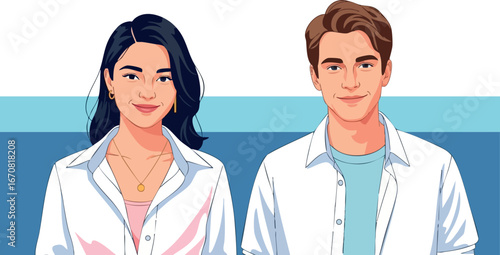Young man and woman wearing casual clothes standing side by side smiling in modern vector style