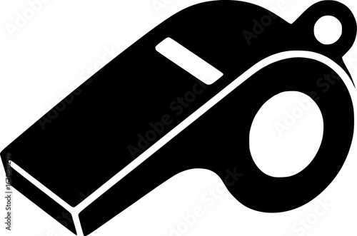 Minimalist black and white silhouette of a rugby referee whistle, flat vector icon, ideal for sports graphics, team logos, posters, and illustrations
