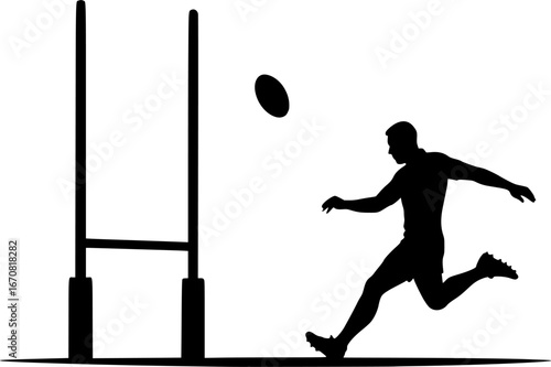 Black and white vector of rugby goalposts with player silhouette, flat minimal style, ideal for sports graphics, team logos, posters, and athletic illustrations