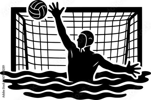 Black and white silhouette of a water polo goalkeeper blocking a shot, flat vector style, perfect for aquatic sports graphics, team logos, and illustrations