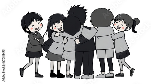 A group of six children stands close together laughing and smiling while sharing a moment of joy in a cartoon style design