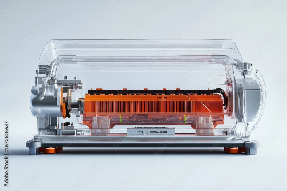Obraz premium Cross-section of an electric vehicle battery pack with cooling, management system, and labeled technical components. White background.