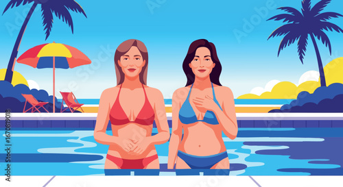 Two women in bikinis standing by pool with palm trees and sunset background summer vacation scene vector illustration