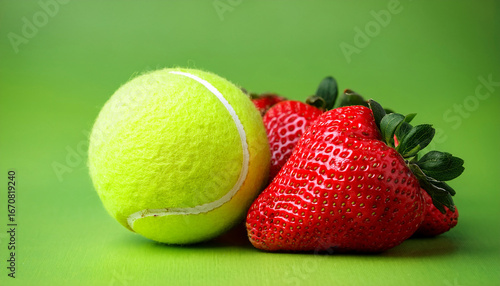 fresh strawberries and tennis balls on bright green background