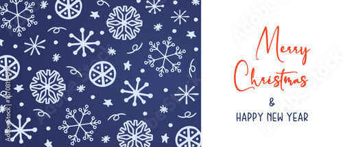 Template for Christmas and New Year greeting card or banner with hand drawn snowflakes background.