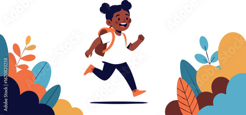 Happy playful little girl running outdoors with backpack surrounded by colorful plants and leaves vector illustration