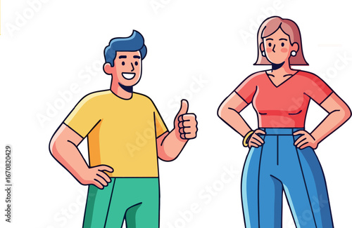 Young man giving thumbs up and confident woman standing with hands on hips casual vector characters