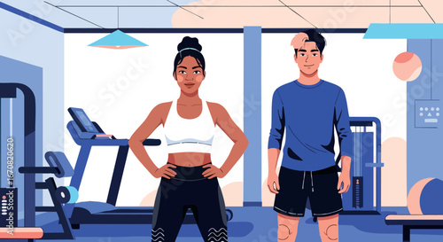 Fit young woman and man exercising in modern gym with treadmill and weights equipment fitness training scene vector illustration