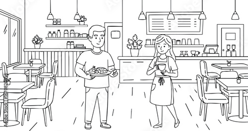 Man and woman enjoying coffee in modern cafe interior with tables and pendant lights vector illustration